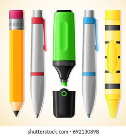 Set of school drawing and writing tools - pen, pencil, highlighter, crayon. Vector