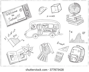 Set of school drawings. Sketches. Hand-drawing. Vector illustration for design and packages product. Vector Illustration.