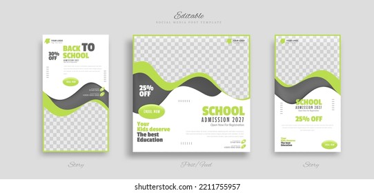 set of School education admission social media post and story web banner template. with green, black and white background vector illustration