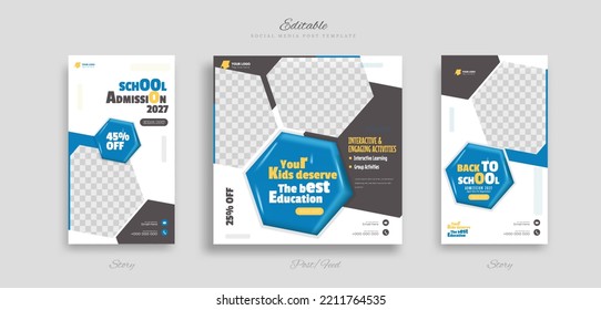 set of School education admission social media post and story web banner template. with green, black and white background vector illustration