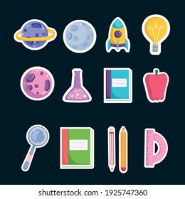 set school education book pencil science apple and protractor icons vector illustration