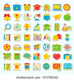 Set of school and education color flat icons school supplies on checkered background. Vector Illustration.