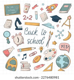 Set of school, education doodles, clip art for stickers, prints, planners, scrapbooking, stationary, etc. Back to school cartoon elements collection. EPS 10