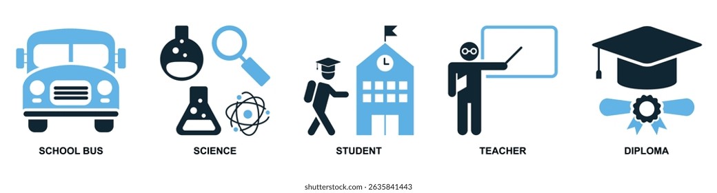 Set of school education icon vector for learning, teaching, and academic content. Ideal for education app, school dashboard, and classroom.