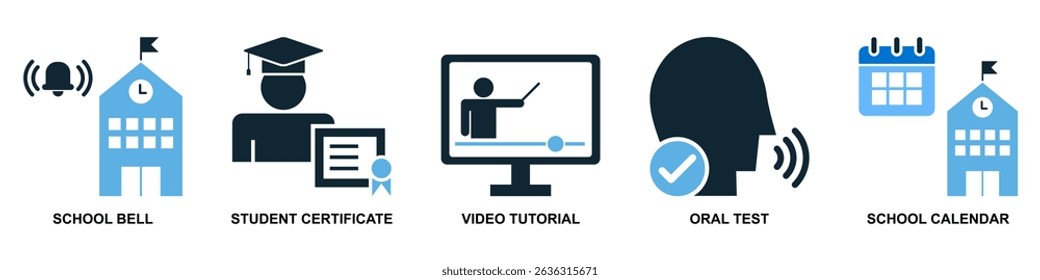 Set of school education icon vector for learning, teaching, and academic content. Ideal for education app, school dashboard, and classroom.