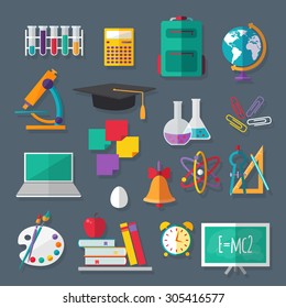 A set of school and education icons in flat style