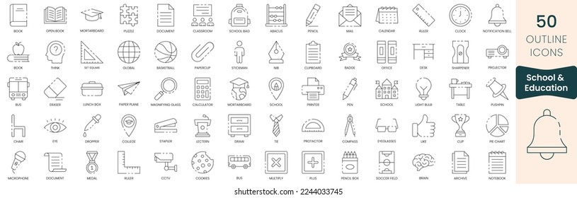 Set von Bildungs- und Schulsymbolen. Paket mit den Symbolen der dünnen Umrisse. Vektorgrafik