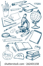 Set of the school and education items. Drawing in the freehand style. Vector illustration