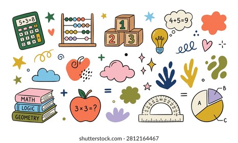 Set of school education and math learning icons. Includes calculator, abacus, books, apple, protractor, pie chart, and light bulb. Ideal for back to school, study, and knowledge concepts. Bright and colorful.