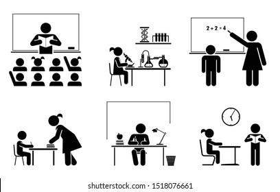 Set of school and education pictograms and icons. School days. Teacher and pupils in classroom. 