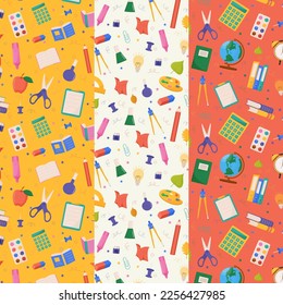 Conjunto de objetos relacionados con la escuela y la educación sin fisuras. Ilustración vectorial.