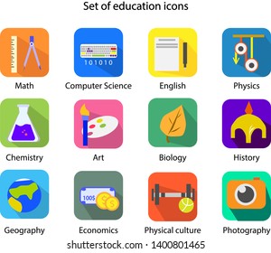 Set of school education subjects: math, computer science, english, physics, chemistry, art, biology, history, geography, economics, physical culture, photography.