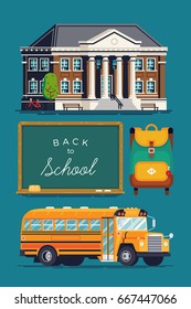 Set of school and education themed  illustrations featuring school building, class chalkboard with sample text, kids backpack and yellow school bus