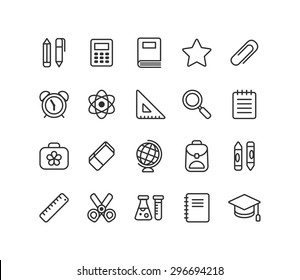 Set of school and education vector line icons: stationery, learning and science symbols and various school supplies.