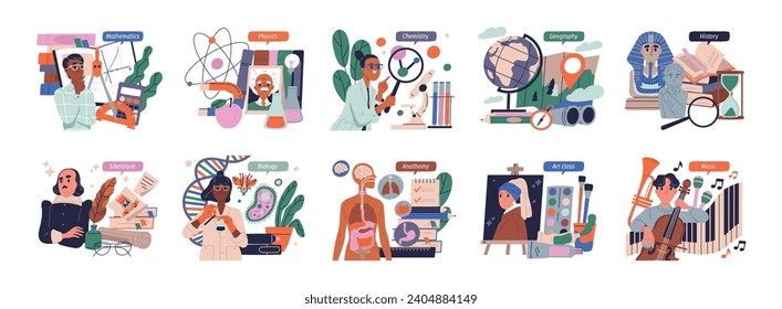 Set of school educational subjects. Maths, chemistry, history and biology. Lesson in class. Study and learning. Physics, literature and art. Cartoon flat vector collection isolated on white background