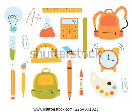 Set of school elements. Back to school. End of school collection. Vector illustration. Flat hand drawn style. Backpack, calculator, pencil, protractor, brush.