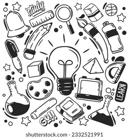 Set of school elements in hand drawn style. Back to school doodles drawing. Outline school items illustration
