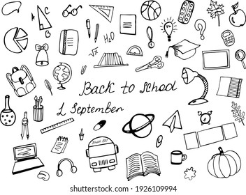 A set of school elements and hand-drawn signs. Isolated vector black and white illustrations. Knowledge Day, September 1, autumn, back to school, beginning of the school year, first grader, student.