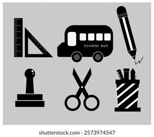 set of school elements.
school icon set vector.
eduaction icons.
set of school silhouette.