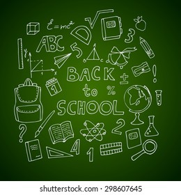 Set of school elements, icons on a blackboard. Text back to school, hand lettering. Vector illustration