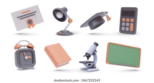 Set of school elements lamp, diploma, graduation cap, calculator, clock, book, board, microscope in 3d realistic style. Vector illustration