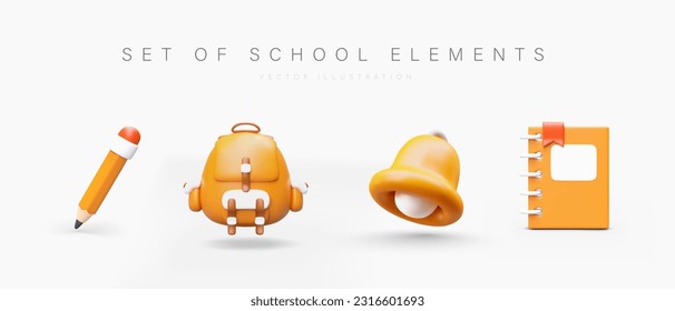 Conjunto de elementos escolares sobre fondo blanco. Iconos 3D con sombras. Accesorios para alumnos y estudiantes. Lápiz amarillo, mochila, campana, cuaderno con marcador. Estilo de dibujos animados