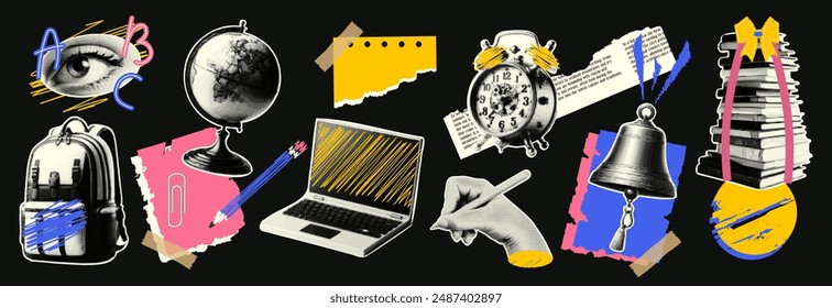 Set of school elements retro halftone collage elements for media design. Backpack, globe, laptop, bell, books, alarm clock, hand, pen, pencil. Vector collage on the theme of school, study, university.