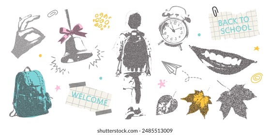 Set of school elements with retro photocopy effect Y2K and doodles. Boy goes to school, backpack, bell, hand, smile, alarm clock, autumn leaves. Pop art design. Vector illustration for collage designs