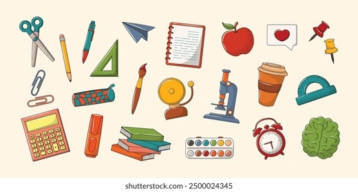 Set of school elements in simple vector style. Back to school educational learning collection with stationery, supplies, items for children. Illustrations for posters, stationery, scrapbooking. 