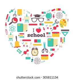 Set of school elements and subject in heart. I love school
