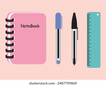 A Set of School elements such as Notebook, Ruler, Red Ballpoint Pen, and Blue Ballpoint Pen in a Flat Design minimal stationery concept, Vector