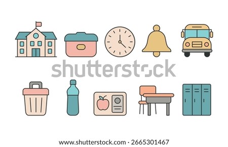 set of school environment icons: school building, classroom desk, school bus, bell, clock, lockers, water bottle, lunchbox, cafeteria, tray, trash bin