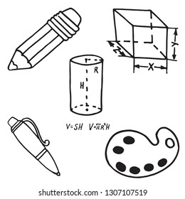 Set of school equipment doodle icons. Vector illustration
