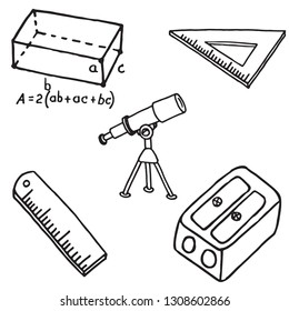 Set of school equipment doodle icons. Vector illustration