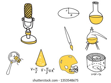 Set of school equipment doodle icons. Vector illustration