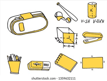 Set of school equipment doodle icons. Vector illustration