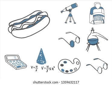 Set of school equipment doodle icons. Vector illustration