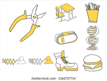 Set of school equipment doodle icons. Vector illustration