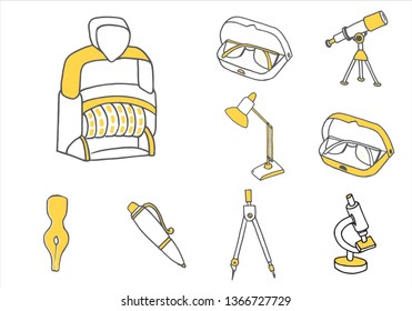 Set of school equipment doodle icons. Vector illustration