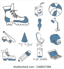 Set of school equipment doodle icons. Vector illustration