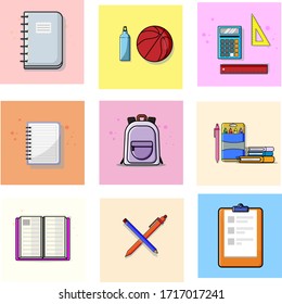 Set of school equipment icons with color background