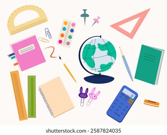 set of school exams a set of multi-colored items for studying at school, pencils, notebooks, paints, a globe, paper clips on a light background