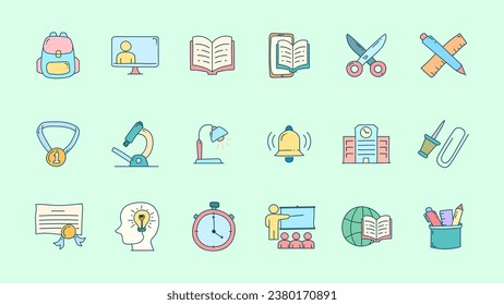 Set of school flat icon design.  School doodle icon collections.