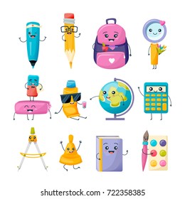 Set of school funny office supplies characters. Merry education set: marker, pencil, backpack, magnifier, erasers, tube with glue, globe, calculator, compasses, bell, book, paint. Vector illustration.