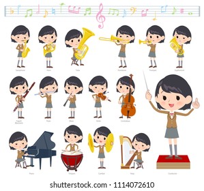 A set of School girl on classical music performances.
There are actions to play various instruments such as string instruments and wind instruments.
It's vector art so it's easy to edit.