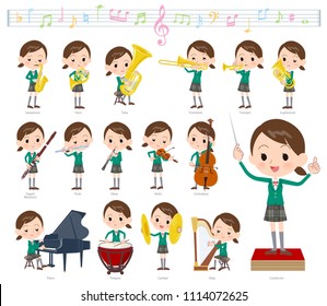 A set of School girl on classical music performances.
There are actions to play various instruments such as string instruments and wind instruments.
It's vector art so it's easy to edit.