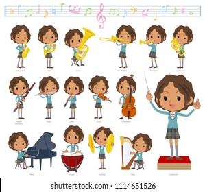 A set of School girl on classical music performances.
There are actions to play various instruments such as string instruments and wind instruments.
It's vector art so it's easy to edit.