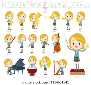 A set of School girl on classical music performances.
There are actions to play various instruments such as string instruments and wind instruments.
It's vector art so it's easy to edit.