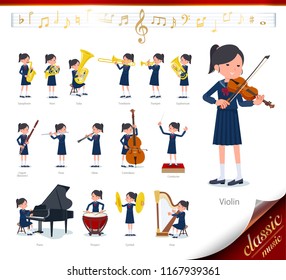 A set of school girl on classical music performances.There are actions to play various instruments such as string instruments and wind instruments.It's vector art so it's easy to edit.