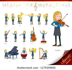 A set of school girl on classical music performances.There are actions to play various instruments such as string instruments and wind instruments.It's vector art so it's easy to edit.